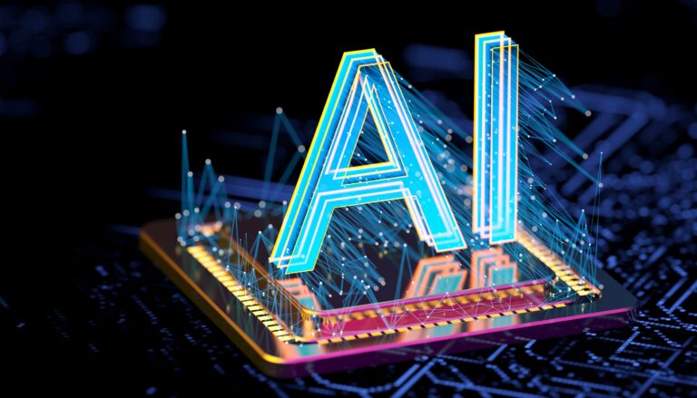 a hologram of the letters ai projected above a computer chip