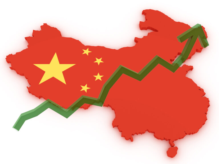 red map of china with a rising green stock arrow superimposed