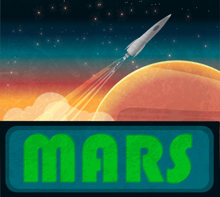 illustration of rocket launching over a red planet with the word mars below in green font