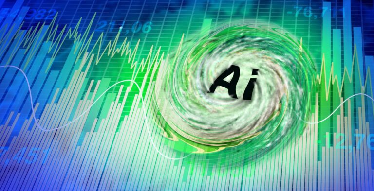 the letters ai swirling in a tornado like cloud above stock charts