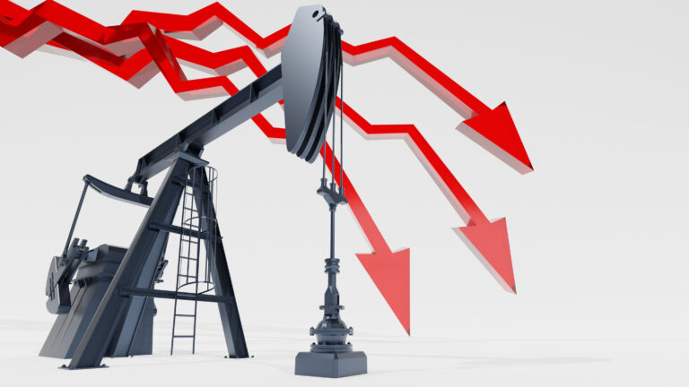 three big red arrows pointing down superimposed on an oil drill