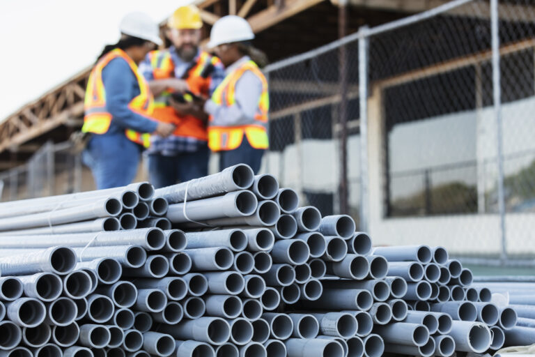 three constuction workers conferring behind a pile of pipes