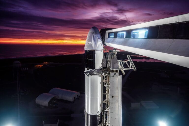 SpaceX Falcon 9 rocket vertical with the Crew Dragon atop