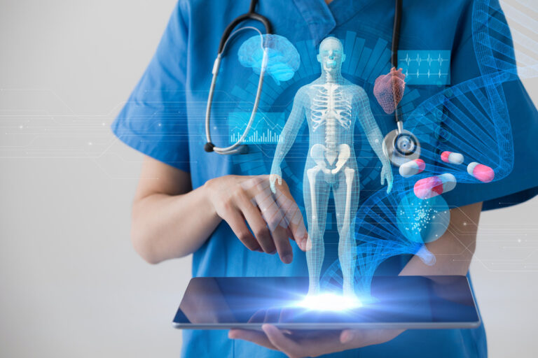 doctor uses a pad to review a 3 d hologram x ray