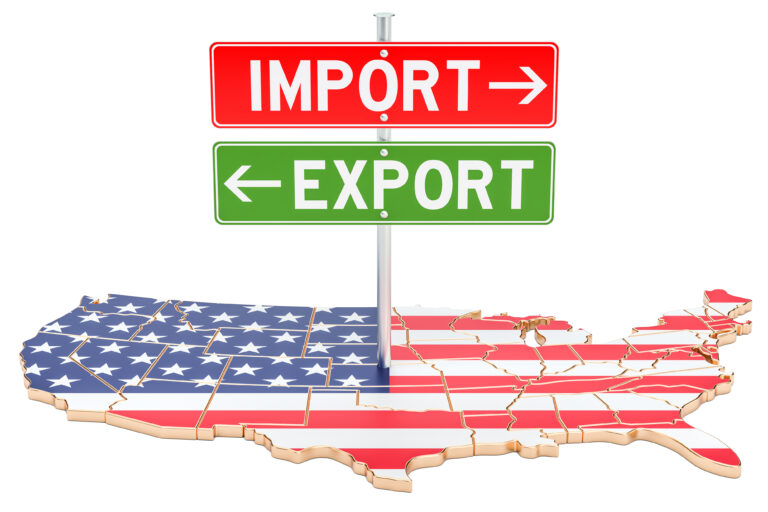 tariffs implied by importexport signs over map of us